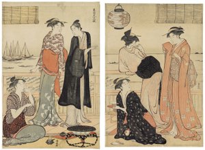 Der sechste Monat, den Abendkühle in einem Teehaus genießen, aus der Serie Die zwölf Monate im südlichen Viertel (Minami jūni kō) von Torii Kiyonaga