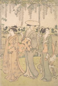Drei Frauen und ein kleiner Junge unter einem Glyzinienlauben am Ufer eines Baches von Torii Kiyonaga