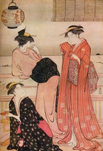 Drei Mädchen auf der Veranda eines Teehauses mit Blick auf die Bucht von Edo in Shinagawa, um 1752-1815 von Torii Kiyonaga