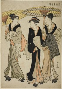 Unter Regenschirmen im Regen, aus der Serie "Ein Brokat östlicher Sitten (Fuzoku Azuma no nishiki)"