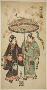Der Schauspieler Sanogawa Ichimatsu I als Kumenosuke und Takinaka Hidematsu I als Oume, aus "Ein Regenschirm teilen: Ein Triptychon (Aigasa sanpukutsui)" von Torii Kiyonobu II