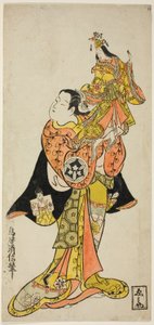 Der Schauspieler Yamashita Kinsaku hält eine Puppe der Kaiserin im Stück "Tagebuch einer Seereise nach Izu (Funadama Izu Nikki)," aufgeführt im Nakamura-Theater im ersten Monat, 1725 von Torii Kiyonobu II