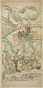 Die Schauspieler Matsumoto Koshiro II als Kumasaka Chohan, Ichimura Kamezo I als Ise no Saburo und Sanogawa Ichimatsu I als Ushiwakamaru im Stück Hatsu Tora Kurama Genji, aufgeführt im Ichimura Theater im ersten Monat, 1749