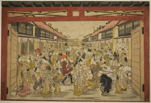 Das Haupttor, Neu Yoshiwara, ca. 1745 (handkolorierter Holzschnitt; toku-oban yoko-e, beni-e) von Torii Kiyotada