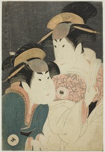 Die Schauspieler Segawa Tomisaburo II (R) als Yadorigi, Ehefrau von Ogishi Kurando, und Nakamura Manyo (L) als Diener Wakakusa