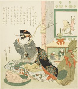 Dame sitzt an einer Tokonoma-Nische von Totoya Hokkei