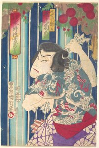 Imaginäres Porträt, Shuihuzhuan der Bühne: Tōryūdai (Mitate Suikoden Tōrōdai) - Schauspieler Onoe Kikugorō als Kumon no Ryūkichi von Toyohara Kunichika