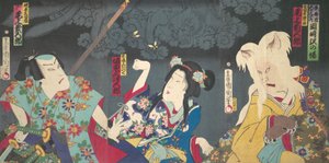 Onoe Kikugoro V als Otowake Neko no ke Rechts, Bando Mitsugoro IV als Aisho Michinoku Cent..., 1870 von Toyohara Kunichika