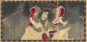 Der Schauspieler Ichikawa Udanji I als Sugawara no Michizane im Stück "Shinrei Sugawara Jikki," aufgeführt im Haruki Theater im vierten Monat, 1883 von Toyohara Kunichika