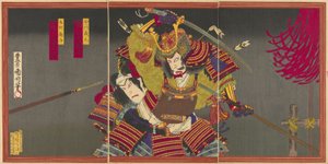Die Schauspieler Ichikawa Sadanji I als Imagawa Yoshimoto und Onoe Kikugoro V als Mori Shinsuke von Toyohara Kunichika