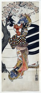 Japanische Frau im Kimono, die Gedichte in einen blühenden Kirschbaum hängt, japanischer Holzschnitt von Ishikawa Toyonobu (1711-1785) ca. 1741 von Toyonobu Ishikawa