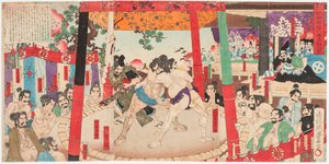 Sumo-Kampf vor Toyotomi Hideyoshi (1537-1598) und Kato Kiyomasa (1562-1611) von Toyonobu Utagawa