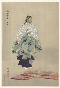 Szene aus dem Noh-Theaterstück Aoinoue von Tsukioka Kogyo