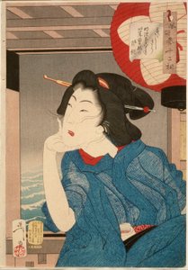 Kühl: Eine Geisha aus der Mitte der 1870er Jahre sitzt in einem Boot von Tsukioka Yoshitoshi