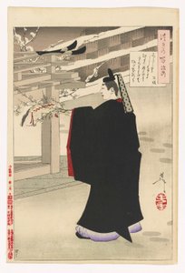 Fujiwara no Kinto pflückt Pflaumenblüten: Nr. 47 von Einhundert Aspekte des Mondes von Tsukioka Yoshitoshi