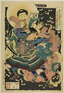 Gamo Sadahides Diener, Toki Motosada, wirft einen Dämonenkönig zu Boden am Berg Inahana, aus der Serie "Neue Formen von Sechsunddreißig Geistern (Shinkei sanjuroku kaisen)" von Tsukioka Yoshitoshi
