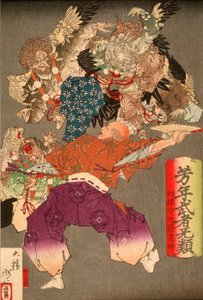 Hōjō Takatoki, Herr von Sagami, wehrt Tengu mit seinem Fächer ab