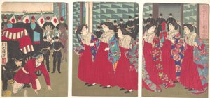 Darstellung von Hofdamen beim Einsteigen an einem Bahnhof von Tsukioka Yoshitoshi