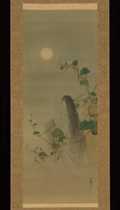 Der Geist der verstorbenen Yūgao, umwunden von Mondblumenranken, nach dem Druck „Die Dame der Abendgesichter“ aus der Folge „Hundert Ansichten des Mondes“ (Tsuki hyakushi: Genji Yūgao no maki) von Tsukioka Yoshitoshi