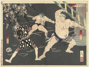 Kampf zwischen Feuerwehrmännern und Sumo-Ringern am Shinmei-Tempel von Tsukioka Yoshitoshi