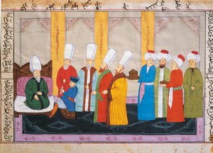 Osmanische Miniatur, die einen europäischen Botschafter am Hof des Topkapi-Palastes darstellt, Manuskript, Türkei