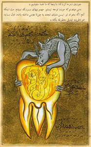 Anatomische Ansicht eines Zahns, die Quelle des Zahnschmerzes wird als Dämon der Hölle gezeigt von Turkish School