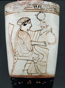 Attische weiße Lekythos, die eine Frau zeigt, die einen Kranz flechtet, ca. 475-420 v. Chr. von Tymbos Painter