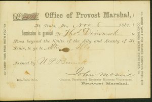 Militärpass von Thomas Dimmock, unterschrieben U.P Bennett, 5. November 1861