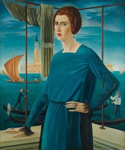 Die Frau des Künstlers mit Venedig im Hintergrund, 1921 von Ubaldo Oppi