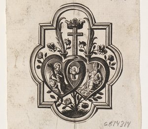 Emblem mit zwei Herzen und der Dreifaltigkeit