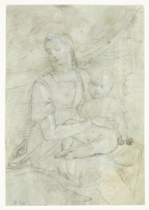 Maria mit dem Jesuskind, sitzend vor einem Vorhang. Im Hintergrund in einer Türöffnung ein Mann von Ubekendt