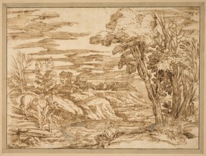 Flusslandschaft mit einem sitzenden Mann mit Turban und einem Jungen, der im Vordergrund ein Pferd führt, nach der Radierung B.8, Titian zugeschrieben
