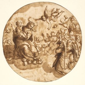 Tondo mit der Madonna und dem Kind auf einer Wolke, umgeben von musizierenden Engeln von Ubekendt Ubekendt
