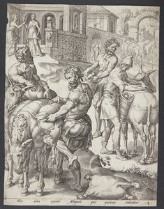 Die Diener von Abigail beladen die Esel mit Nahrung für David von Ubekendt efter Maarten van Heemskerck