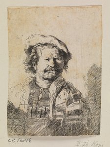 Rembrandt mit flacher Mütze und besticktem Kleid