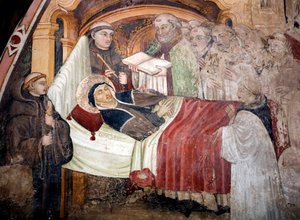 Der Tod der heiligen Scholastika (ca. 480- ca. 543), Schwester des heiligen Benedikt von Nursia. Sie ist umgeben von Benediktinermönchen. Fresko der umbrischen Schule des 15. Jahrhunderts. Kloster von Saint Benedetto (Sacro Speco), Subiaco (Rom), Italien