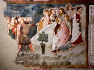 Die Flucht der Apostel (Detail). Fresko der Schule von Umbrien aus dem 15. Jahrhundert. Obere Kirche. Kloster von San Benedetto (Sacro Speco), Subiaco (Rom), Italien