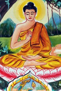 20151029, Vientiane, Laos: Wat Inpeng buddhistischer Tempel. Malerei, die die Lebensgeschichte von Shakyamuni Buddha darstellt. Der lehrende Buddha zeigt einen besonderen Moment im Leben des Buddha, nämlich die erste Predigt, die der Buddha nach der Erleuc