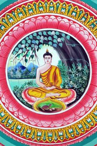 20151029, Vientiane, Laos: Wat Inpeng buddhistischer Tempel. Malerei, die die Lebensgeschichte von Shakyamuni Buddha darstellt. Buddha sitzt in der Meditationspose