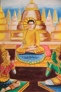 20151102, Vang Vieng, Laos: Gemälde, das die Lebensgeschichte von Shakyamuni Buddha darstellt. Der Buddha widmete sich dem Lehren und zog Hunderte von Anhängern an von Unbekannt