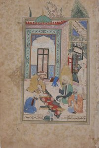 Ein Feueranbeter wird am Tisch von Abraham dem Patriarchen empfangen, Folio aus einem Bustan..., 17. Jahrhundert