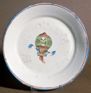 Ein französischer Fayenceteller mit Aeronauten mit Flaggen, 1785