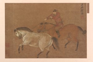 Ein Reiter, der ein Pferd mit dem Lasso fängt von Unbekannt