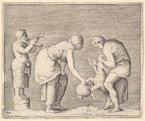 Eine Frau sammelt Blut von einem Schaf, veröffentlicht ca. 1599-1622 von Unbekannt