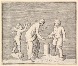 Eine Frau und ein Mann opfern in Gegenwart von Amor, veröffentlicht ca. 1599-1622 von Unbekannt