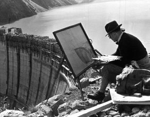 Ein Künstler aus Linz malt den Limberg-Damm, Österreich, ca. 1947-1951 von Unbekannt