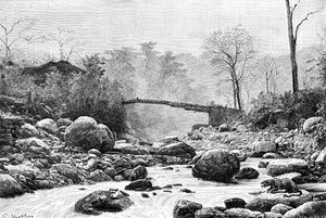 Eine Brücke über den Rangit, einen Nebenfluss des Flusses Teesta, Indien