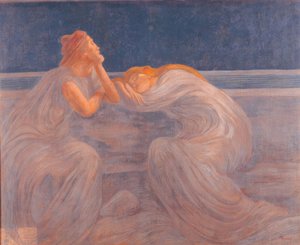 Ein Paar Frauen in blauen und grauen Kleidern schläft in der Nacht, gelehnt auf eine Balustrade und sitzend auf einer Bank