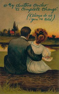 Eine humorvolle Postkarte, die ein Liebespaar darstellt, 1908 von Unbekannt