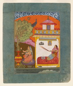 Eine Dame pflückt Blätter, Darstellung des musikalischen Modus Gunakali Ragini, um 1675 von Unbekannt